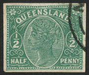 QUEENSLAND - Postal Stationery : WRAPPERS: (H&G #1) &frac12;d Lined Background imperforate stamp indicia on white, watermarked paper, Specimen CTO cancel.