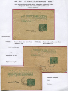 QUEENSLAND - Postal Stationery : WRAPPERS: (H&G #1) ½d Lined Background Type 3 (indicia aligned with end of text) Wrappers in different settings (3), the indicia either 12mm, 9mm or 10mm below last line of text; all postally used. Rare.