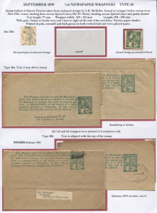 WRAPPERS: (H&G #9) 1899 ½d Widow Weeds Type I (Text Lines 77mm long) selection showing variations in text settings, comprised unused (2), and used (7) including 1902 Roma to Iran uprated with ½d, 1910 Brisbane to Germany uprated with 2d; condition variable. (9)