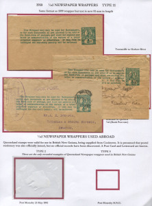 QUEENSLAND - Postal Stationery : WRAPPERS: (H&G #9a) 1910 ½d Widow Weeds Type II (Text Lines 81mm long) unused plus used wrapper fronts (2), one used 1912 Brisbane to Ipswich with 'BOOK POST' handstamp and company cachet for Queensland Machinery Co Ltd. (3)