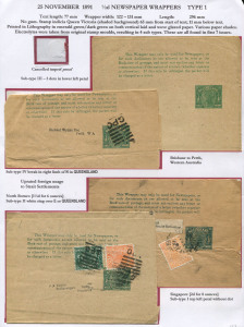 QUEENSLAND - Postal Stationery : WRAPPERS: (H&G #1, 4, 5 & 7) 1892-98 ½d selection (7 unused, 23 used) incorporating three designs - Shaded Oval, Void Oval, & Void Oval with Four Corner Values - with varieties, different paper stocks, uprated usage, and better destinations including Chile, Singapore, Straits Settlements, Switzerland, Uruguay also 1899 cover to New York franked with five ½d indicia cut-outs; condition variable. Nice variety. (30 wrappers + 1 envelope)