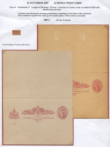 QUEENSLAND - Postal Stationery : POSTAL CARDS: (H&G #7) 1891 1d Reply Postal Cards perf. 6 Type 'A' (2) Carmine on Coarse Cream or on Surfaced Buff Card, and Type 'B' Carmine on Coarse Cream Card; all fine unused. (3)