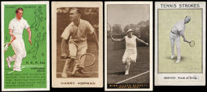 1923-87 tennis cards, noted 1923 Sarony "Tennis Strokes" (2 sets); 1928 Players "Lawn Tennis" [49/50]; 1930 Godfrey Phillips "Lawn Tennis" (2 sets); 1934 MacRobertsons "Champions" (8 tennis players); 1936 Players "Tennis" [50]; 1987 Fax-Pax "Tennis" [38].