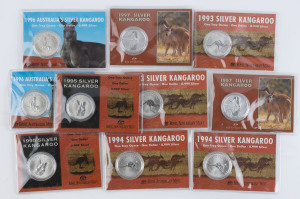 Silver : 1993-97 ONE DOLLAR SILVER KANGAROO: two example for each year, in original packaging, each coin containing 1 troy ounce of .999 Silver. (10)