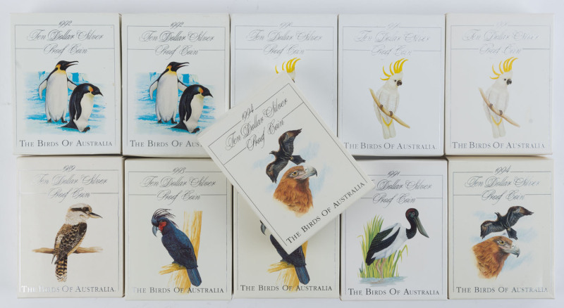 Silver : 1989-1994 Birds of Australia $10 Silver Proof coins comprising 1989 Kookaburra (1), 1990 Cockatoo (3), 1991 Jabiru, 1992 Emperor Penguin (2), 1993 Palm Cockatoo (2) & 1994 Wedge-Tailed Eagle (2) each coin 20gr of sterling silver (92.5%), all in o