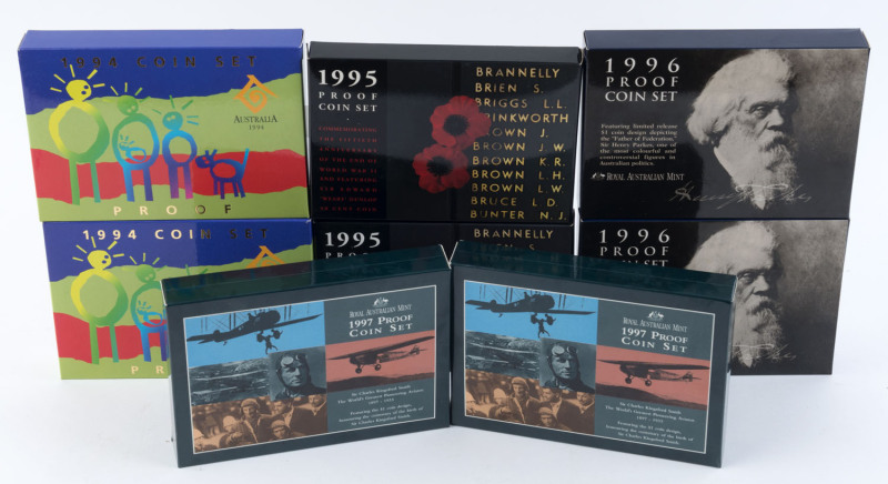 Decimal Proofs : PROOF COIN SETS: 1994-1997 sets, comprising 1994 Year of the Child, 1995 WWII Anniversary, 1996 Henry Parkes & 1997 Kingsford Smith, two sets of each, in original packaging as issued, Renniks - Cat. $880. (8)