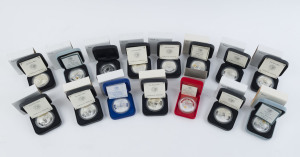 Silver : 1996-97 Silver Kookaburras with privy marks comprising 1996 Goya, Eiffel Tower, Atomium, Colossus of Rhodes, Brandenburg Gate, Tower Bridge, Panda & Swan River, 1997 Monument of Discoveries (Portugal), Colosseum, Japanese Golden Yen, Gaudi, Zurich Coat of Arms, Elk (Finland), & Windmill (Netherlands). Each coin 1 troy oz of 99.9% silver, Unc., in original packaging. (15)