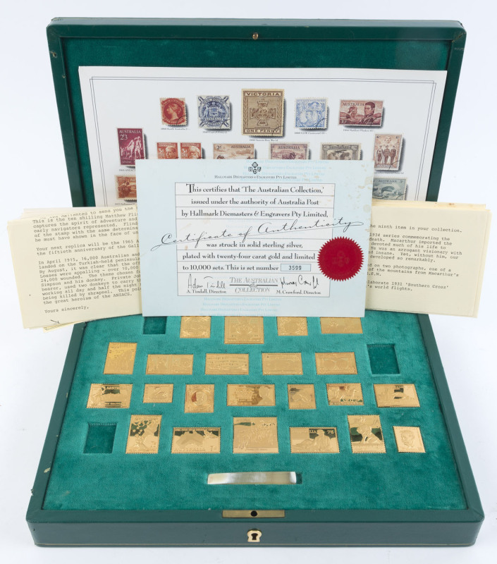 Medallions & Badges : STERLING SILVER REPLICAS - AUSTRALIA: 1988 The "Australian Collection" of gold plated silver stamp replicas in presentation case, three replicas absent (South Australia 1860 2/-, Australia 1940 6d AIF & 1961 5d Melba), otherwise comp