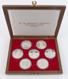 Medallions & Badges : STERLING SILVER - "THE 75TH ANNIVERSARY OF FEDERATION 1901-1976"; set of 7 sterling silver medallions, issued by Birmingham Mint (1976), featuring Sir Samuel Griffith, Sir Edmund Barton, Alfred Deakin, Duke of York, Sir Henry Parkes, Earl of Hopetoun & Parliament House, presented in felt-line wooden box, total weight 310gr of 92.5% silver.