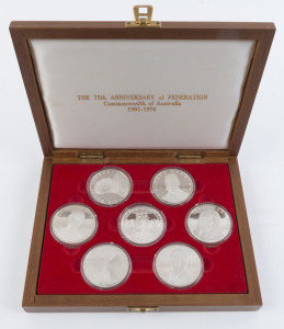 Medallions & Badges : STERLING SILVER - "THE 75TH ANNIVERSARY OF FEDERATION 1901-1976"; set of 7 sterling silver medallions, issued by Birmingham Mint (1976), featuring Sir Samuel Griffith, Sir Edmund Barton, Alfred Deakin, Duke of York, Sir Henry Park