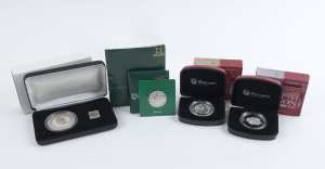 Silver : Selection comprising 1988 uncirculated $10 containing 20gr of 92.5% silver; 1996 2oz Silver Kookaburra & 'Strike' Medallion issued at NCSS Perth Fair (1996), #394 of 500 issued, in original presentation box, and 2012 Year of the Dragon 1oz Silver Proof (2), the latter items 99.9% silver; all Unc in original packaging. (4 items)