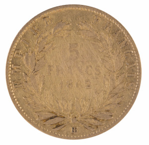 GOLD - world : FRANCE: 1862 Napoleon III 5fr, 1.55gr of 900/1000 fine gold, VG/F.