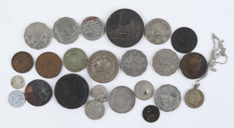 Coins - World : Diverse accumulation with COINS incl. Roman Empire Emperor Hadrian (117-138 A.D.) bronze sestertius (24gr), 1797 'Cartwheel' penny, GB 1846 Thames Amateur Regatta Medallion, Australia 1937 silver Crown, low denomination silver incl. Austr