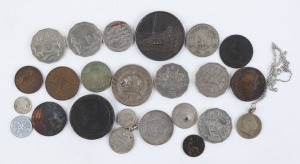 Coins - World : Diverse accumulation with COINS incl. Roman Empire Emperor Hadrian (117-138 A.D.) bronze sestertius (24gr), 1797 'Cartwheel' penny, GB 1846 Thames Amateur Regatta Medallion, Australia 1937 silver Crown, low denomination silver incl. Australia threepences, collection of circulated world coins in album, mostly minors however houses a diverse range with many counties represented; also BANKNOTES (somewhat affected by damp) incl. Australia KGVI Coombs/Wilson 10/- ) QEII Coombs/Wilson