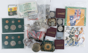 Coins - World : Mostly British array with circulated quantity of QV-KGVI silver 3ds (160gr), pierced QV 1/-, KGV half crowns (4) & florin; also pennies and halfpennies; uncirculated 1953 Coronation crowns (3), 1965 Churchill crowns (3), 1977 Jubilee crown, 1986 Commonwealth Games £2, 1988 'Australia Bicentenary' coin set; also Malawi 1971 uncirculated coin sets (2), and a few circulated banknotes incl. GB O'Brien 10/-.
