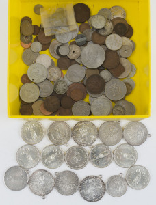 SILVER - world : Assortment of world content with some better silver items incl. New Hebrides 1966 100fr (7, 175gr of 835/1000 silver), Austria Thaler restrikes (3 with mounts), Germany Willhelm II 5m (3, 1903, 1907, 1908) & 1908 3m all with mounts, USA 1900 Morgan dollar & 1923 Peace dollar (both mounts), plus some low denomination silver coins and an array of alloy coins. (100 approx).