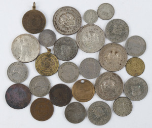 Coins - World : World assortment of mostly 1930s-60s era circulated coins (some earlier), noting silver Australia 1937-38 Crowns (4), New Zealand 1930s-40 Half-Crowns (4) & Florins (6), USA 1923 Liberty dollar, Germany 1925 1Rm & 1926 2Rm, plus some other low denomination silver; also sighted GB King George III gaming token, medallions, and few banknotes incl. NZ Hanna 10/- (heavily crumpled). Diverse array, worth investigating.