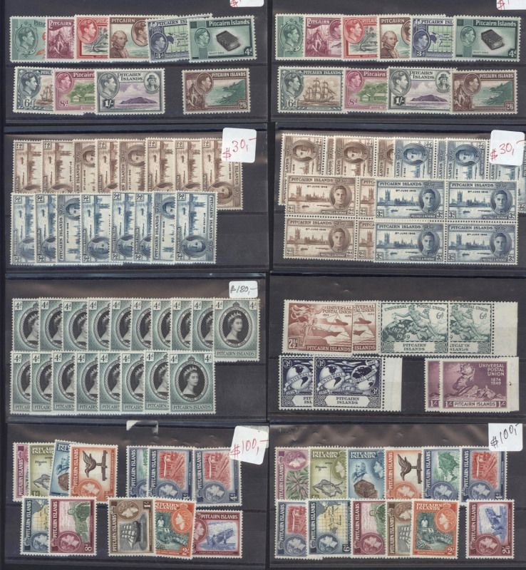 PITCAIRN ISLANDS : 1948 - 1976 ex-dealer's on stockcards, including KGVI pictorials (2 sets), 1946 Victory (16 sets), 1949 UPU (2 sets), 1953 Coronation (18), 1957-63 Pictorials (4 ets), 1961 Return (4 sets), 1964-5 Birds to 8/- (3 sets), 1966 Football (6