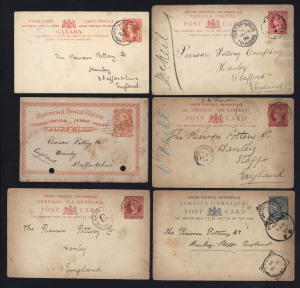 REST OF THE WORLD - General & Miscellaneous Lots : POSTAL STATIONERY - BRITISH AMERICA & BWI: 1890s-early 1900s mostly Postal Cards addressed to "Pearson Pottery" in Hanley, Staffs, England, comprising Barbados (4), Bahamas, Bermuda (2), Canada (4) plus Newfoundland (3, one with TILT COVE datestamp) , Grenada, Jamaica (5), Leeward Islands (+ a wrapper) Trinidad (1898 TOGO datestamp), St Vincent (1896 CHATEAUBELAIR datestamp) & Tobago; likely postmark interest, a few items with transit/arrival d