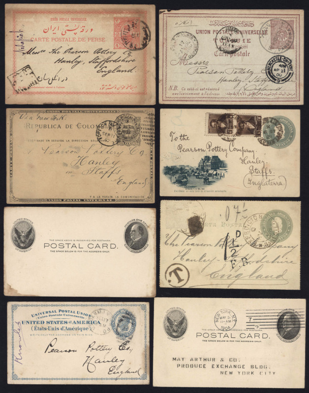 REST OF THE WORLD - General & Miscellaneous Lots : POSTAL STATIONERY - AMERICA, SOUTH AMERICA, CENTRAL ASIA & MIDDLE EAST:1890s-early 1900s mostly Postal Cards mostly addressed to "Pearson Pottery" in Hanley, Staffs, England with emissions from Argentina