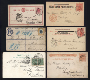 REST OF THE WORLD - General & Miscellaneous Lots : POSTAL STATIONERY - BRITISH AFRICA: 1890s-early 1900s mostal Postal Cards addressed to "Pearson Pottery" in Hanley, Staffs, England with emissions from Gambia, Gold Coast (6), Lagos, Mauritius, Niger Coast Protectorate (3, plus one 'Oil Rivers'), Rhodesia (2, one Mashonoland, plus a 1903 PPC showing 'Khami River') Sierra Leone (3, plus 1 Envelope), South Africa Colonies/Republics (9); likely postmark interest, some cards with transit/arrival d