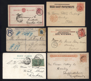 REST OF THE WORLD - General & Miscellaneous Lots : POSTAL STATIONERY - BRITISH AFRICA: 1890s-early 1900s mostal Postal Cards addressed to "Pearson Pottery" in Hanley, Staffs, England with emissions from Gambia, Gold Coast (6), Lagos, Mauritius, Niger Coa