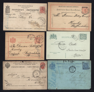 REST OF THE WORLD - General & Miscellaneous Lots : POSTAL STATIONERY - EUROPE & COLONIES: 1890s-early 1900s mostl Postal Cards addressed to "Pearson Pottery" in Hanley, Staffs, England with emissions from Austria (5, incl. Austrian Levant 1895 used Smyrna) Bulgaria, Curucao (1897 with ST EUSTATIUS datestamp), Belgium (13), Cuba, Denmark (6), Finland (3), France (8), Germany (5), Greece, Italy (6), Luxembourg, Mozambique (2, one with ZANZIBAR transit, Netherlands (15), Netherland Indies (4) N