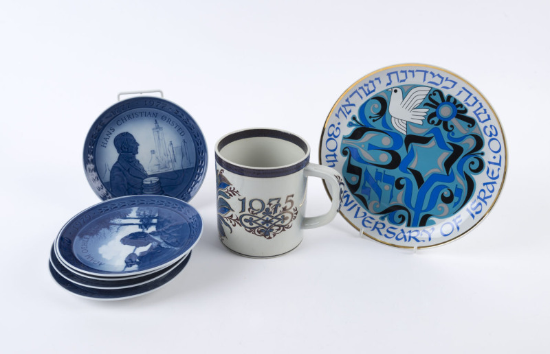 ROYAL COPENHAGEN Danish porcelain collector's plates (5), beer mug (damaged), and a 30th anniversary of Israel limited edition plate, (7 items), the largest 24cm diameter