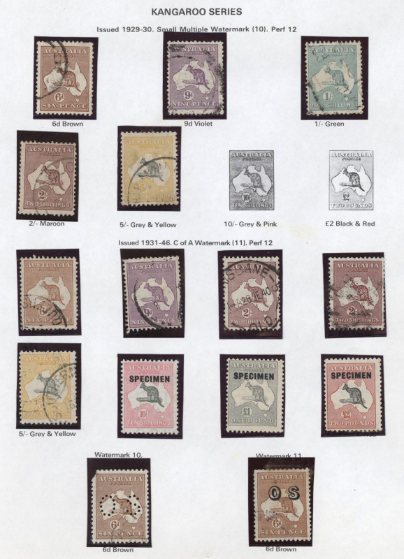 General & Miscellaneous : 1913-75 mostly used collection in Seven Seas album with Roos to 5/- (2, SMult & CofA), plus CofA 10/- £1 & £2 optd 'SPECIMEN' type 'D', KGV Heads to 1/4d incl. SMult P13½x12½ 1/4d CTO, Engraved 6d Kooka, KGV commemoratives incl.