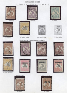 General & Miscellaneous : 1913-75 mostly used collection in Seven Seas album with Roos to 5/- (2, SMult & CofA), plus CofA 10/- £1 & £2 optd 'SPECIMEN' type 'D', KGV Heads to 1/4d incl. SMult P13½x12½ 1/4d CTO, Engraved 6d Kooka, KGV commemoratives incl. Kingsford Smith 2d & 3d optd 'OS' & 5/- Bridge CTO, BCOF to 2/- (mint), £sd Navigators, decimals to $4 mint, etc; mixed condition.