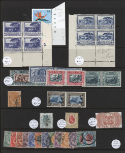 SOUTH AFRICA : 1880s-1960s ex-dealer's stock on Hagners in ringbinder with Provinces oddments, incl. OFS 1882-86 £2 MLH, South Africa incl.1928 Voortekker mint, 1936 ½d & 1d 'JIPEX' sheetlets mint, Officials with 1930-47 10/- vertical pairs used (2),1950-54 10/- pair MLH, duplicated 1950s-60s pre-decimal and decimal Postage Dues mint & used, plus lots of other useful oddments; also KEVII/KGV postmarks on piece incl. large quantity of with 'GRAHAMSTOWN' cds. (100s)