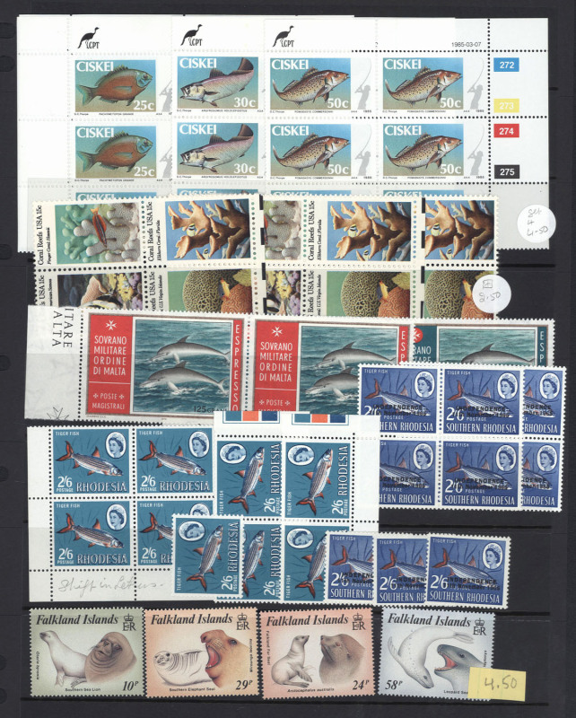 REST OF THE WORLD - Thematics : F' THEMATICS WITH 'FISH (& WHALES)', 'FRUIT' & 'FROGS': ex-dealer's stock on Hagners in binder, predominantly 1960s-90s (few earlier oddments) with sets, part-sets, M/Ss and booklets, most items previously priced up to $20