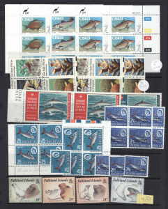 REST OF THE WORLD - Thematics : F' THEMATICS WITH 'FISH (& WHALES)', 'FRUIT' & 'FROGS': ex-dealer's stock on Hagners in binder, predominantly 1960s-90s (few earlier oddments) with sets, part-sets, M/Ss and booklets, most items previously priced up to $20 with a few higher incl. Qatar 1965 Fish of the Arabian Gulf (MUH) & Tonga 1977 Whale Conservation sets; also 'FLAGS', FARMING' & 'FOOD' plus some incongruent 'REPTILES', 'TURTLES' & 'DINOSAURS' at back of book;