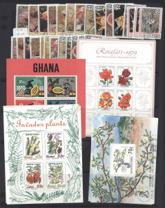 REST OF THE WORLD - Thematics : FLOWERS': ex-dealer's stock on Hagners in binder, 1960s-90s era with sets, part-sets, plus M/Ss and booklets; majority mint with good proportion MUH, most items previously priced up to $15 (with a few higher). Wide range of countries present with African nations particularly well represented. Visually appealing. (few 100s)
