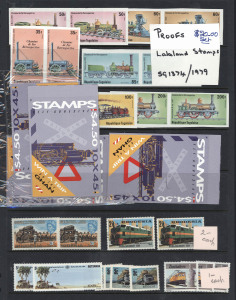 REST OF THE WORLD - Thematics : S' to 'T' THEMATICS: ex-dealer's stock on Hagners in two binders, mostly 1960s-90s era (few earlier) with sets, part-sets, M/Ss and few booklets, themes comprising 'Scouts', 'Stamps on Stamps', 'Tourism', 'Trains', 'Transport', & 'Telephone', with 'Trains' being far the most populous section; items previously priced up to $20 incl. Australia 'The Ghan' prestige booklet, Togolaise 1979 Trains imperforate proof pairs; wide range of countries represented, majority