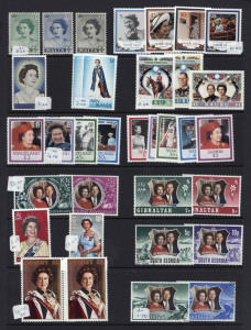 REST OF THE WORLD - Thematics : ROYAL FAMILY: ex-dealer's stock on Hagners in two binders, mostly 1960s-90s era (few earlier) with sets, part-sets, M/Ss and few booklets, items previously priced up to $15 including Isle of Man 1983 £5 QEII (3) & Jersey 1981 QEII £5 (2) all MUH, also omnibus issues, 1981 Royal Wedding $10 booklets for Kiribati, Montserrat, St Vincent & Grenadines; also second volume with small quantity of 'Vacation' & 'Waterfalls' thematics; range of countries represented,