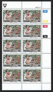 SOUTH AFRICA : HOMELANDS - VENDA: 1979-1993 ex-dealer's stock accumulation in three Boga sheet files (two heavily filled), with heavily duplicated sets, some in imprint corner multiples, plus complete panes and sheetlets; mostly MUH, some CTO items retaining full gum; generally very fine condition. Huge quantity of thematically engaging material to work through. (many 1000s).