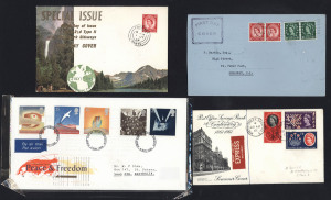 GREAT BRITAIN : FDCs: 1937-2000 ex-dealer's array in album with a few KGVI/QEII Wilding mostly plain FDCs plus illustrated 1964 (July 1) 2½d Wilding Type II Wmk S/W (unaddressed), range of early/mid 1960s commemoratives illustrated types previously priced up to $70, 1970s-2000s with Machin and commemorative types and a few stamp packs; 1950s-60s era with mostly typed or handwritten addresses, thereafter mostly typed or unaddressed. (110+ items)