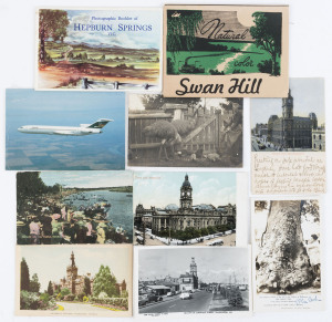 AUSTRALIAN PICTURE POSTCARDS : 1900s-early 2000s accumulation majority Australian with earl 1900s topographicals, 1940s-50s photographic booklets incl. of Healesville, Hepburn Springs and Swan Hill, 1900s-20s showing Melbourne landmarks & buildings, 1970s-90s Melbourne & Sydney streetscapes and views, plus South Australia & Tasmania scenic types, modern Qantas & Ansett types, also real-photo types, plus scads of reprints or modern photographs of older postcards. Heaps to view. (100s)