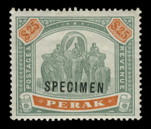 MALAYA : PERAK: 1899 (SG.80s) $25 green & orange, SPECIMEN overprint, superb lightly mounted with gum. Cat.£450.