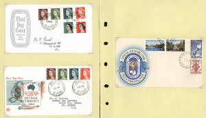 First Day & Commemorative Covers : 1966-70 FDCs & commemorative covers in two volumes including 1966-68 1c to $4 King Definitives set on eight FDCs incl. $1, $2 & $4 on APO generic FDC, 1967 Revised 1st Class Rates, 1968 5c Famous Australians with tabs on two FDCs, 1969 Primary Industries set on 4 Excelsior FDCs, 1970 5c Grasslands (4, one with Congress FDI cancel, another with Veteran Car Club FDI cancel),1970 4c & 5c Flower Coils (3, one with pairs); commemorative covers incl. for 1969 Moomba