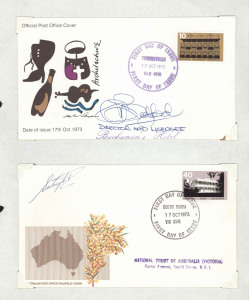 First Day & Commemorative Covers : 1973-74 range of mostly Commemorative Covers in two volumes, plus 1982 BRADMAN SIGNED 75th Birth Anniversary cover (Retail $100+), 1981 Year of Disabled FDCs (2), one with three signatures, the other a limited edition with Tony Grieg cachet; other better items including 1973 Gold Coast souvenir cover (with insert, retail $150+), 40th Eucharist Conference, Copernicus 7c Postal Card, 50th Anniversary Mt Isa, Golden Wattle Exhibition (2), Girl Guides 'Orange Must