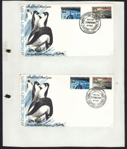 First Day & Commemorative Covers : 1971-72 FDCs & commemorative covers in two volumes, FDCs including 1971 5c Stock Exchange (18, different cachets and/or postmarks), 1971 Xmas, 1971 AAT Treaty (4, with different Base FDI cancels), 1972 7c Prime Ministers with tabs on 4 separate covers, commemorative covers incl. 1970 9th Australian Jamboree (Leppington, NSW), 1971 Orientalists Congress, 1971 62nd Rotary Conference, 1971 WA Railway Centenary, 1971 Opening of Martin Place, Sydney, 1972 Opening S