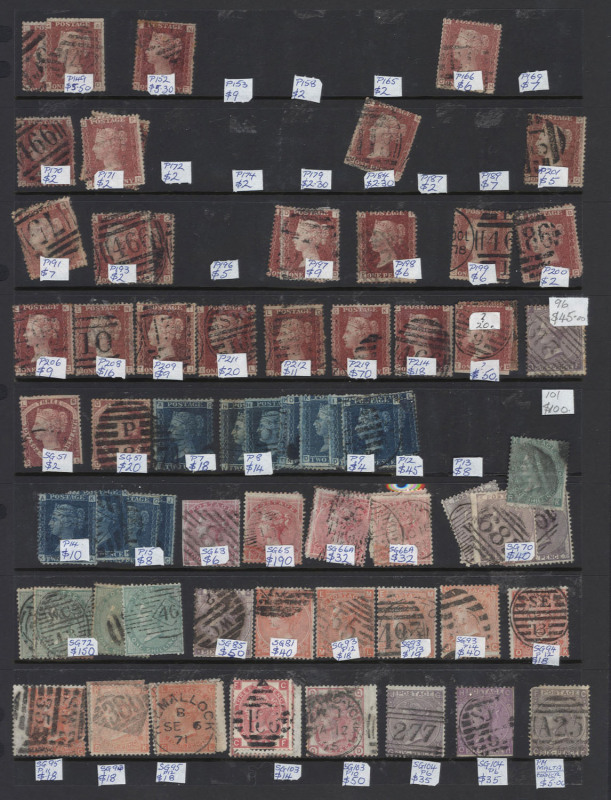 GREAT BRITAIN : 1850s-early 2000s ex-dealer's used stock (no imperfs) in two volumes with plenty of better items including range of 1d Red plates incl. Pl.219, ½d Bantams (7), 2d Blues (13), good range of Surface Printed, some duplicated, incl. 1867-70 9d