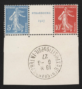 FRANCE : 1871-1975 mostly used collection in Schaubek album, the best item being a 1927 Strasbourg Exhibition 5f/10f mint pair with central label (from souvenir sheet) with Exhibition cancel in margin (couple spots on gum); otherwise a mostly used assembly with perforated Napoleons/Ceres Heads to 80c, Peace & Commerce to 1fr, Mersons to 10fr, 1920s-50s commemoratives mostly part-sets and odd values, some 1960s-70s mint sets including art thematics and 1975 Arphila M/S used; condition is variable