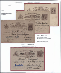 QUEENSLAND - Postal Stationery : POSTAL CARDS: (H&G #9) 1891 UPU 1½d Reply Postal Card Types 1 to 3 range comprising unused (5) & used (6) including "Deformed 'R'" flaws unused (4) and used (2); plus the only known examples of Reply Halves used 1897 Rockhampton to Prussia (with 'REPLY' scored-through) and 1905 Brisbane to Austria; condition a tad variable. (11).