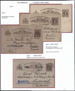 QUEENSLAND - Postal Stationery : POSTAL CARDS: (H&G #9) 1891 UPU 1½d Reply Postal Card Types 1 to 3 range comprising unused (5) & used (6) including "Deformed 'R'" flaws unused (4) and used (2); plus the only known examples of Reply Halves used 1897 Rockh