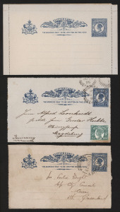 QUEENSLAND - Postal Stationery : LETTER CARDS: (H&G #1-4) Range of 2d Cards Types 1 to 10, all expansively annotated on exhibit pages, including rare Type 8 used 1907 (Aug.2) Brisbane to Sydney (no unused examples are recorded), plus mint and used examples of all other Types, with better origins/destinations including uprated Type 7 used 1903 from Thursday Island to South Africa and Type 9 used 1908 from Brisbane to German New Guinea; condition a tad variable. Very good lot. (33 items)