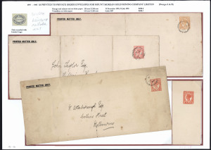 QUEENSLAND - Postal Stationery : ENVELOPES - PTPO - MOUNT MORGAN GOLD MINING Co: (H&G #2) 1895 & 1896 Rockhampton to Brisbane use of No Corner Numerals 1d Envelopes (120x288mm) in orange or in salmon-red; also 'Numerals in Two Lower Corners' Envelopes (120x280mm) in vermilion unused and used in 1896 Rockhampton to Melbourne; all are endorsed 'Printed Matter Only' with the 'Limited' type company logo on flap. (4)