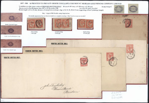 QUEENSLAND - Postal Stationery : ENVELOPES - PTPO - MOUNT MORGAN GOLD MINING Co: (H&G #4/4a) 1897-1901 uses of Four Corners 1d Envelopes (4, 124x280mm, 284mm or 287mm) in lilac-red (shades) to Brisbane (2), London or Paris; all are endorsed 'Printed Matter Only' with the 'Limited' (2) or 'Rockhampton' (2) type company logos on flaps; also doubleton cut-outs in vermilion (3) with 1mm, 2mm or 2.5mm spacings, being three of the only five known cut-outs recorded (none are known on complete envelopes
